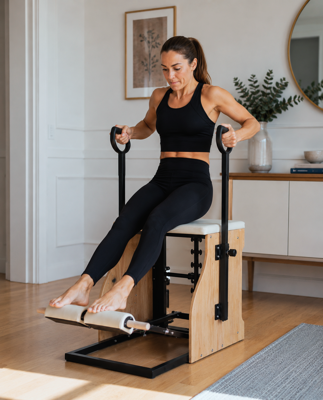 Chaise de Pilates, vue de côté, coloris blanc avec utilisatrice