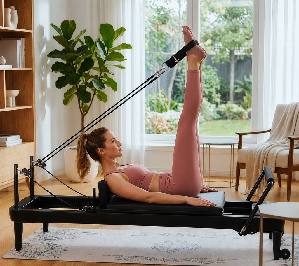 Pilates Reformer Pliable coloris noir, avec utilisatrice