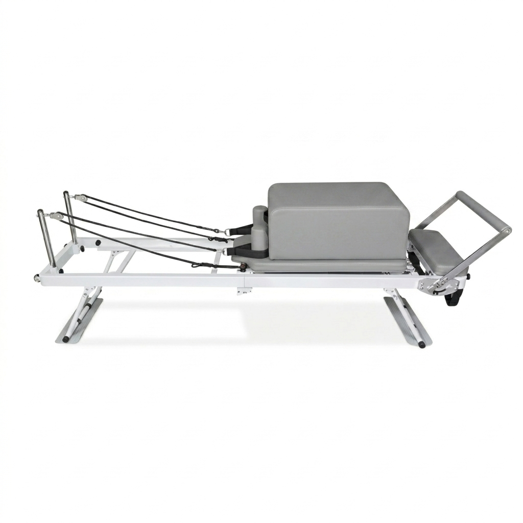 Pilates Reformer Pliable coloris gris, vue de côté avec box reformer
