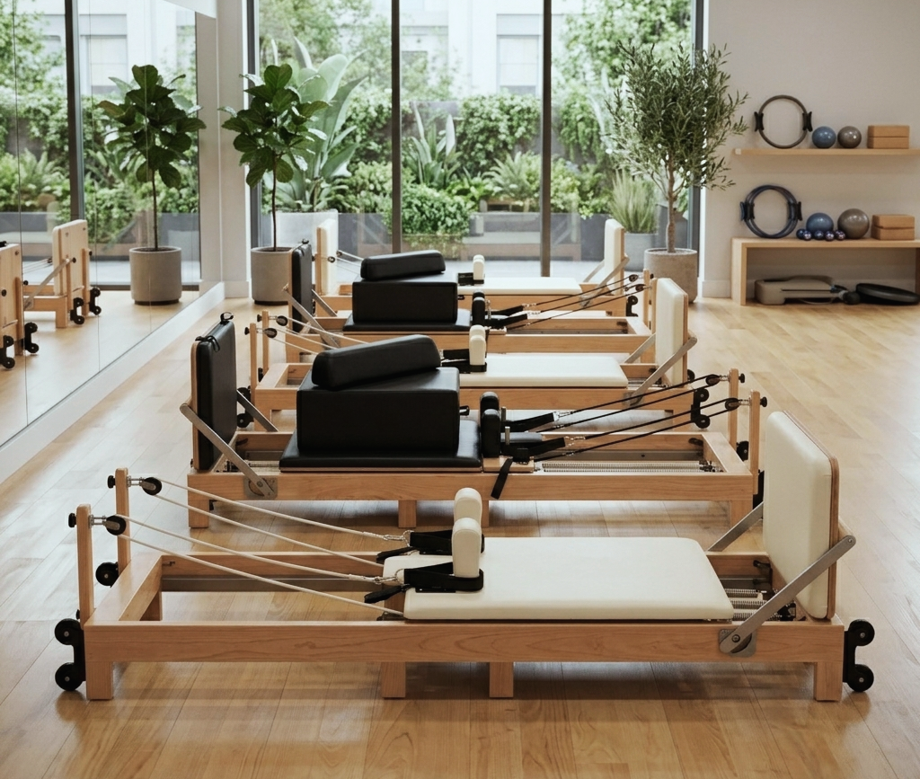 4 Pilates Reformer en Bois, coloris blanc et noir 