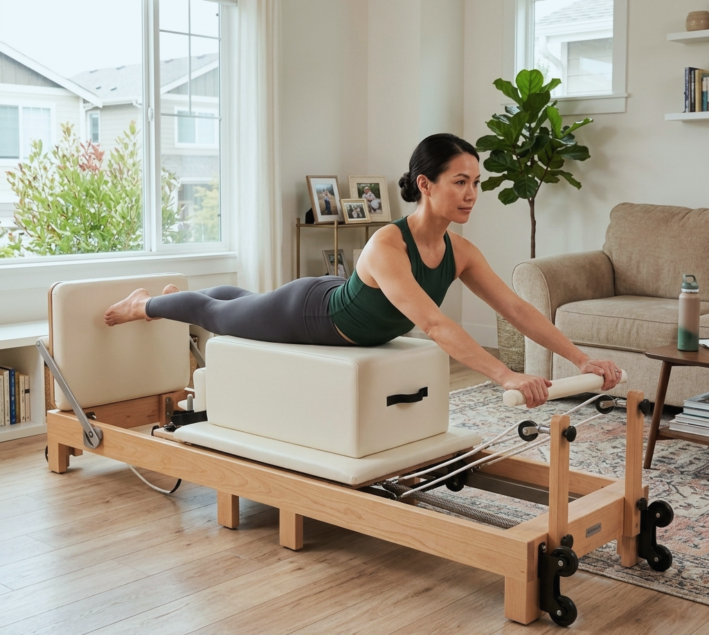 Pilates Reformer en Bois, coloris blanc, avec box reformer et utilisatrice