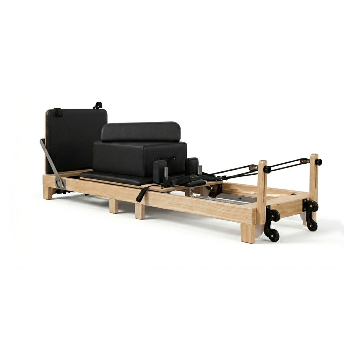 Pilates Reformer en Bois, coloris noir, vue de face avec box reformer