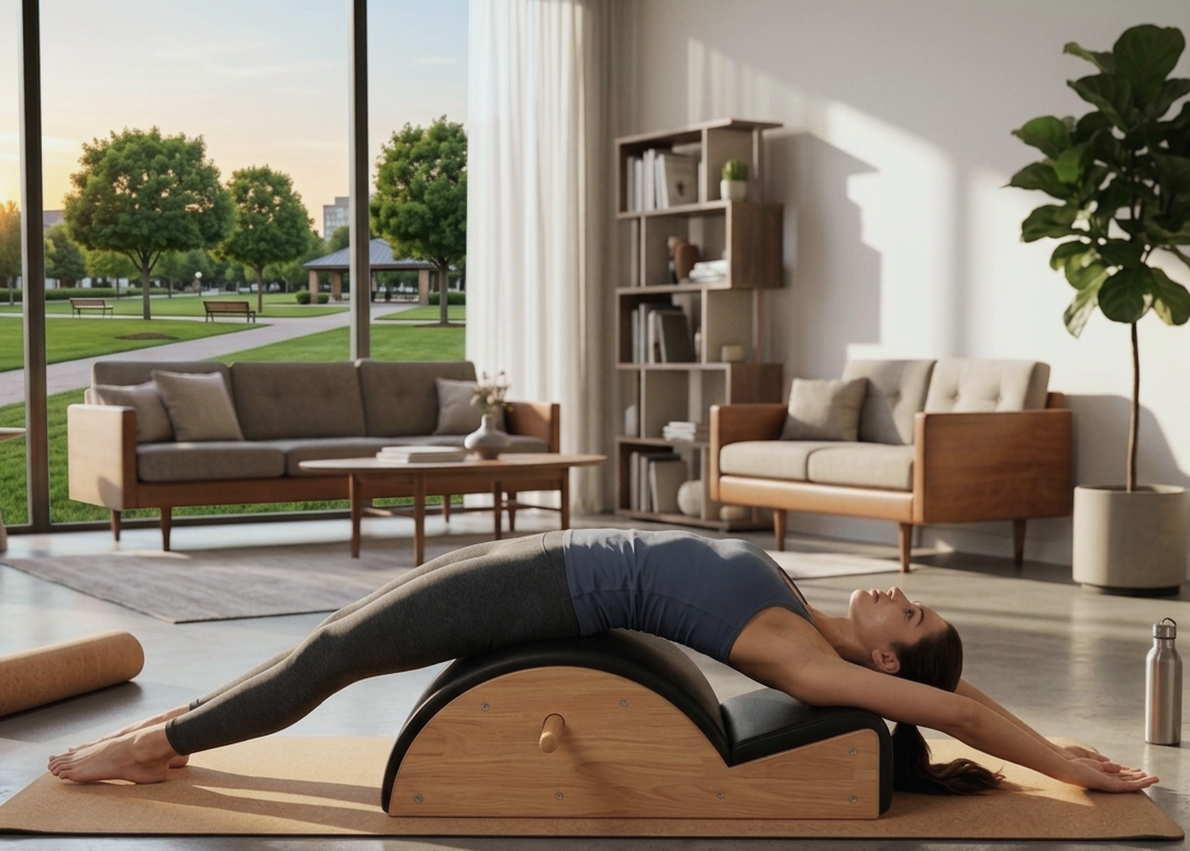 Arc Barrel de Pilates, vue de côté avec utilisatrice