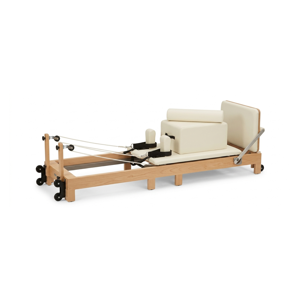 Pilates Reformer en Bois, coloris blanc, vue de face avec box reformer